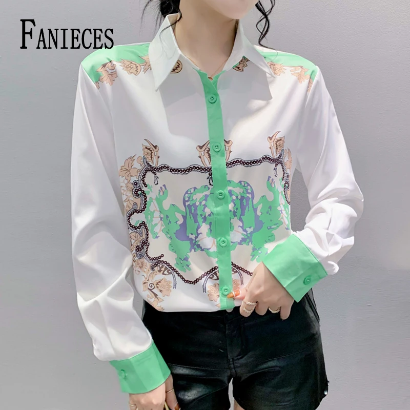 

FANIECES Roupas Femininas Vintage Print Women Shirt Spring Long Sleeve Lapel Elegant Office Ladies Blouses Tops قمصان وبلوزات