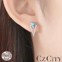 czcity new 925 sterling silver double triangle design turquoise stud earrings for women gemstone brushed earrings fine jewelry