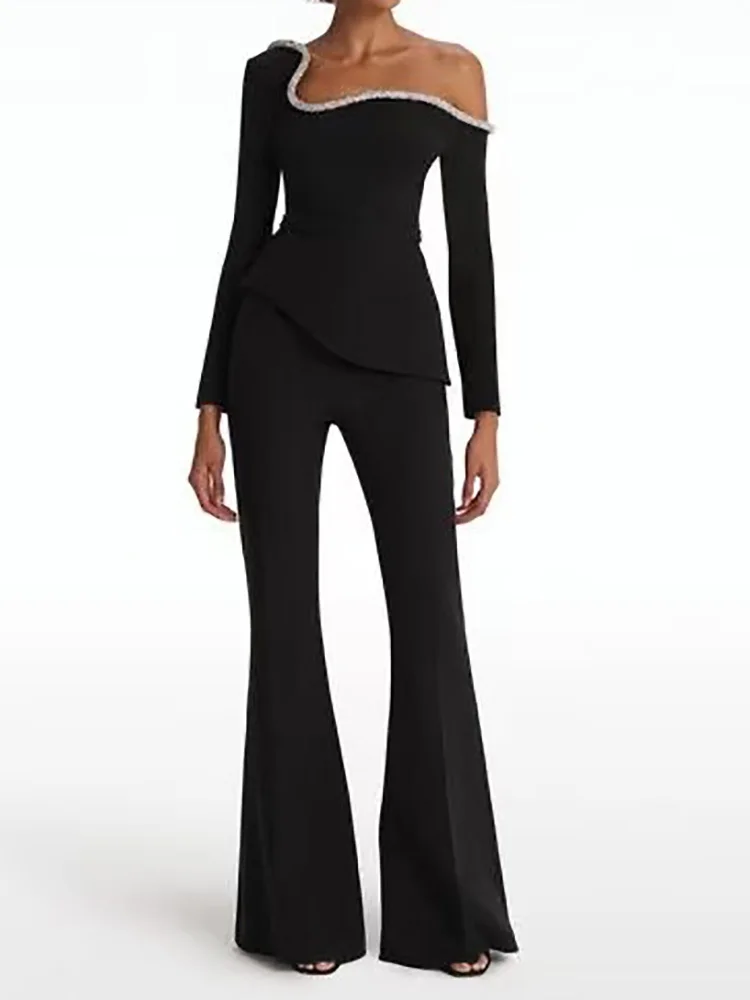 Брюки-клеш однотонные лоскутные модные комбинезоны с длинными рукавами на весну