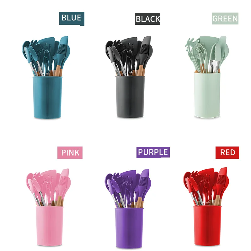 

Silicone Cooking Utensils 12pcs Kitchen Utensil Set Non-stick Spatula Wooden Handle with Storage Box Kitchen Appliances