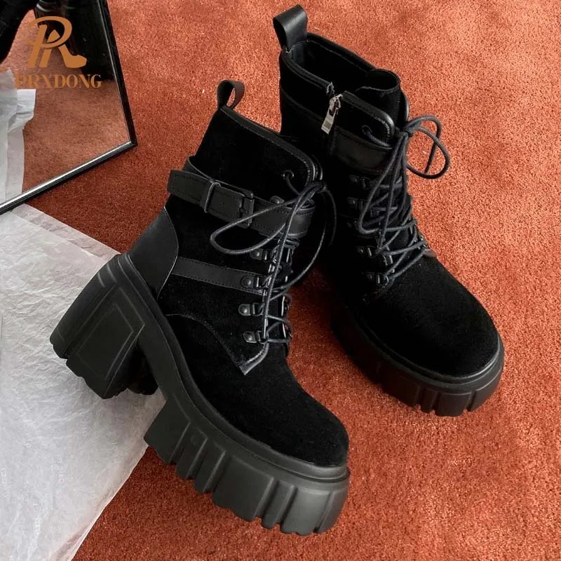 PRXDONG Женская обувь высшего качества из натуральной кожи черные мотоциклетные