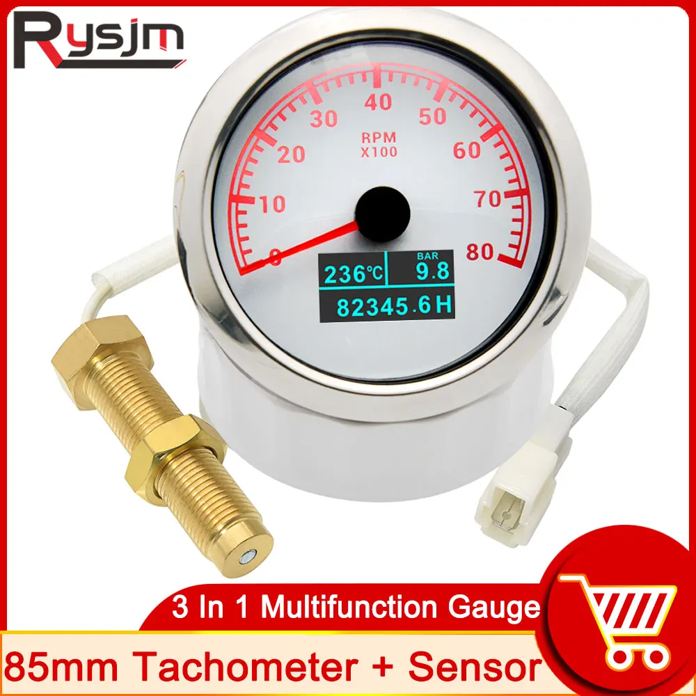 

HD 3000/4000/6000/7000/8000 RPM Tachometer + Sensor 3 In 1 Tacho Meter Water Temperature Oil Pressure Gauge PSI for Marine Boat