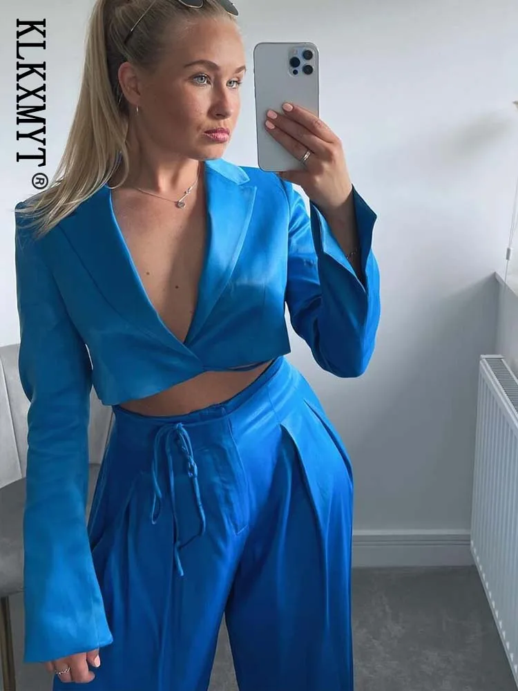 

ZA&ree Traf Women Blazer Pant Suits 2022 Fashion Silk Satin Crop Jacket Coats Long Sleeve Lacing Blazers Woman Sets