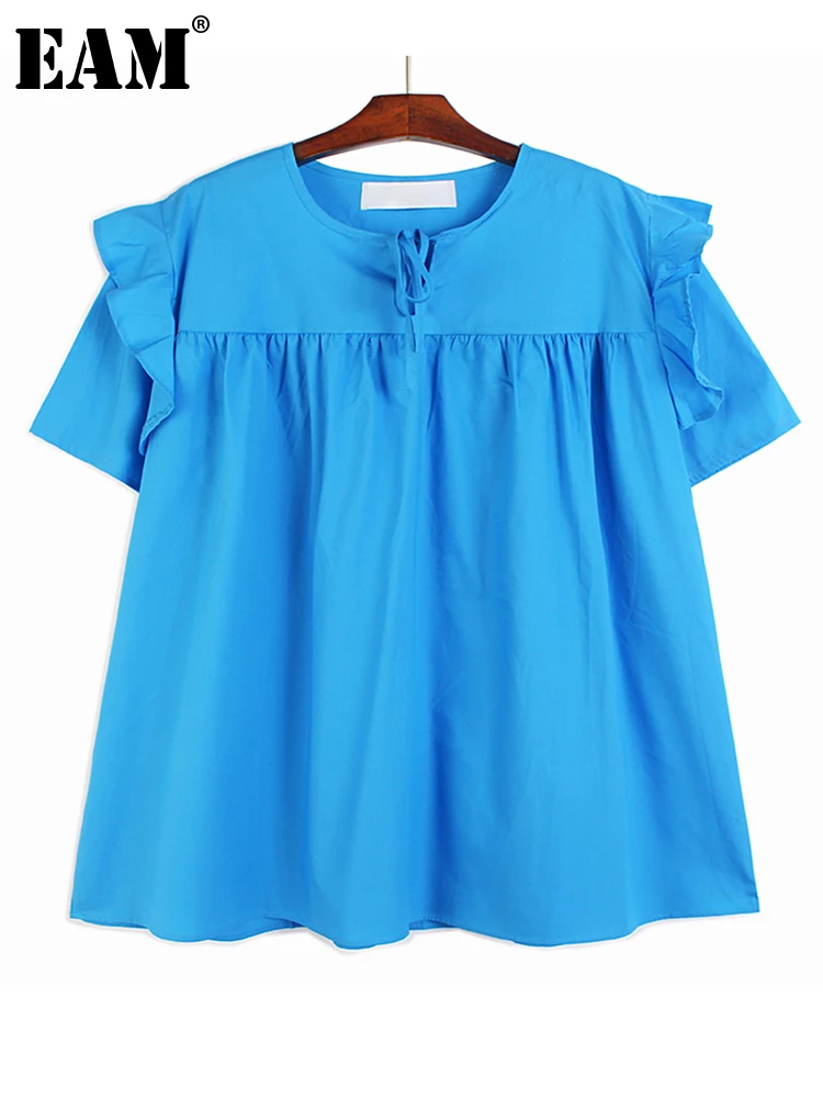 

[EAM] Women Blue Ruffles Big Size Elegant Blouse New O-neck Short Sleeve Loose Fit Shirt Fashion Tide Spring Summer 2022 1DE8030