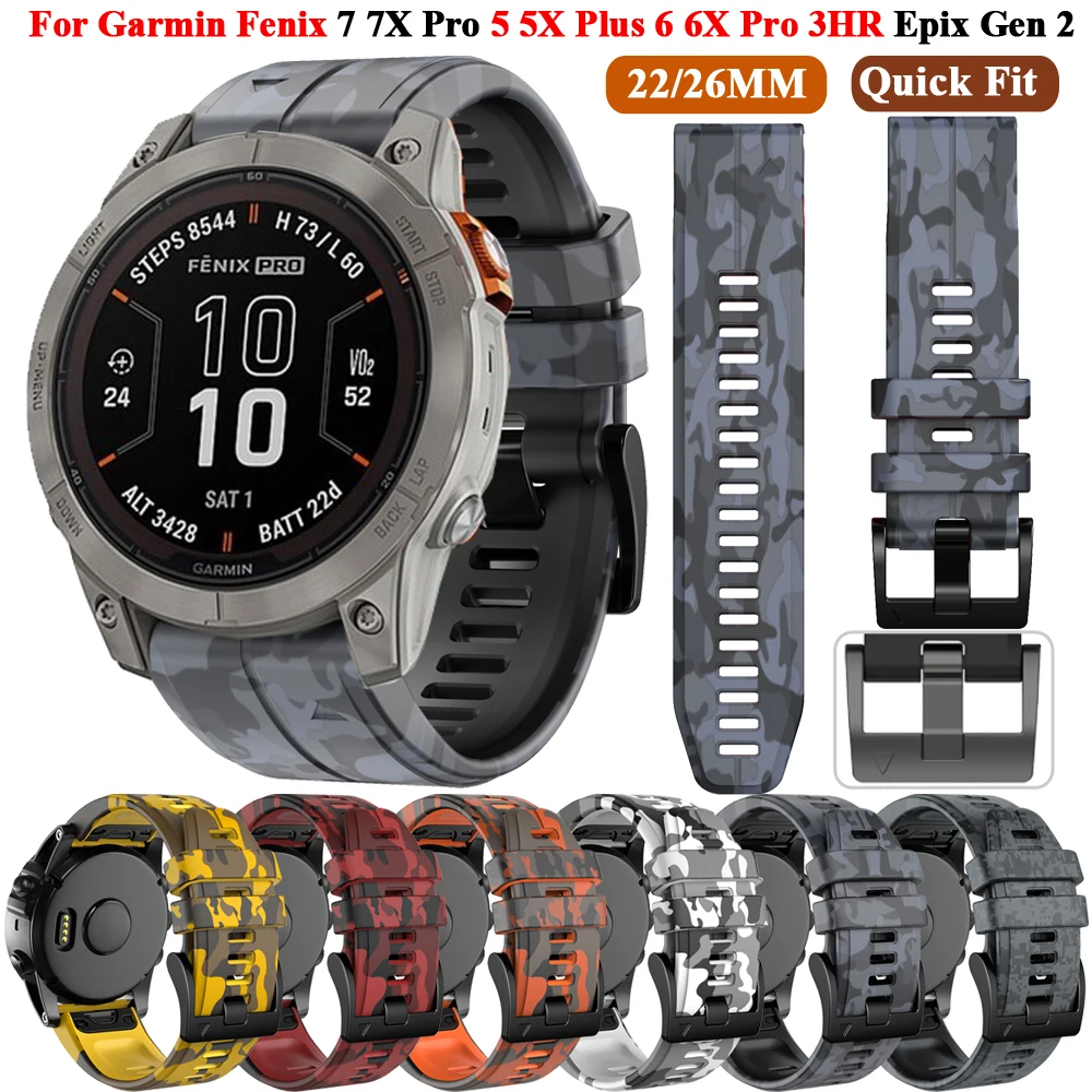 

26 22MM Watchband Straps For Garmin Fenix 7 7X Pro 47 51mm 6 6X Pro 5 5X Plus Epix 2 Camo Silicone QuickFit Smartwatch Wristband