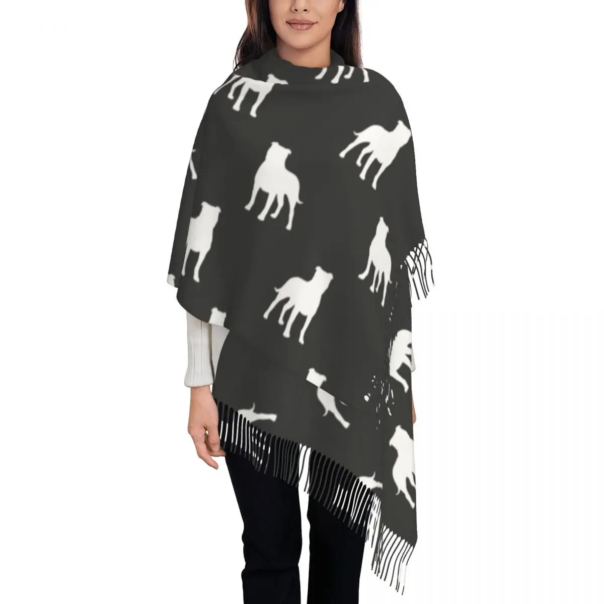 Женский шарф с кисточками длинная осенне-зимняя шаль рисунком Бультерьера милая
