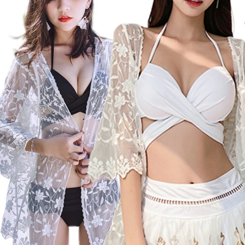 

Womens 3/4 Sleeves Open Front Sheer Kimono Cardigan Embroidery Floral Lace Short Swimsuit Bikini Cover Up Sexy Beach Mini D5QD