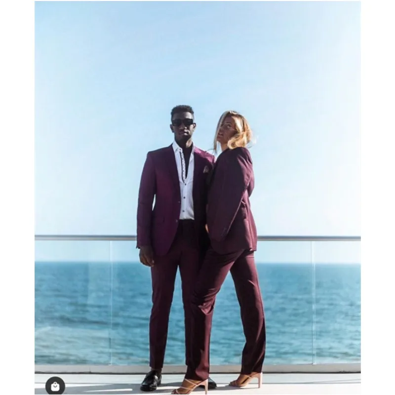 Business  Burgundy Blazer Sets Men Suits 2 Pieces Wedding Tuxedos Slim Fit Prom Formal Outfit Blazer Masculino Jacket+Pant