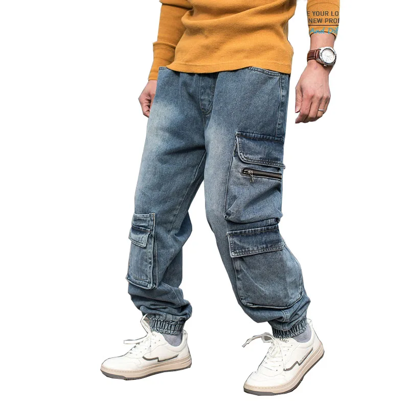 

New Men's Cargo Vintage Washed Jeans Pants Front Big Pockets Skateboard Denim Trousers For Male Loose Fit