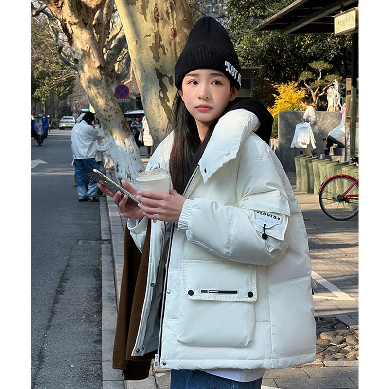 

Женская пуховая парка, белая короткая куртка с воротником-стойкой, мешковатая зимняя водонепроницаемая теплая пуховая женская пуховая кур...