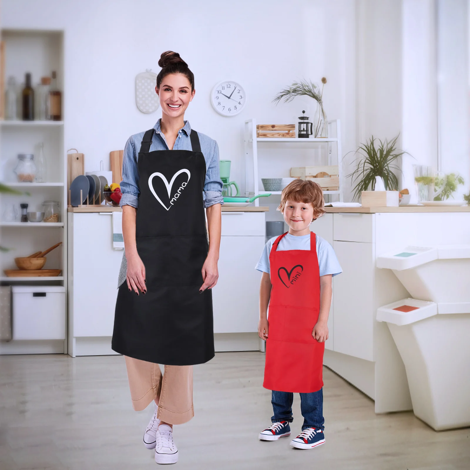 Cute Heart Printed Apron Papa Mama Family Matching Outfits Daddy Mom Kids Aprons For Family Baking Time Oil-proof Kitchen Apron