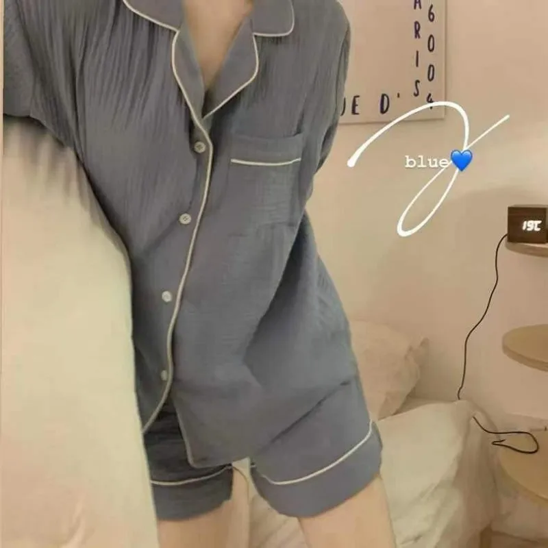 Young La's Summer Thin Pajama Dresses Set Loose Advanced Two Pieces Costume Girl Turn-Down Collar Lovely Half Sleeve Home Wear