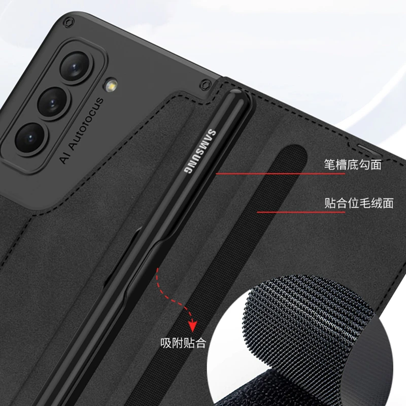 Armor Full Body Protective Cover for Samsung Galaxy Z Fold 5 Case Fold5 Cover Leather Skin with S Pen Holder Screen Protector