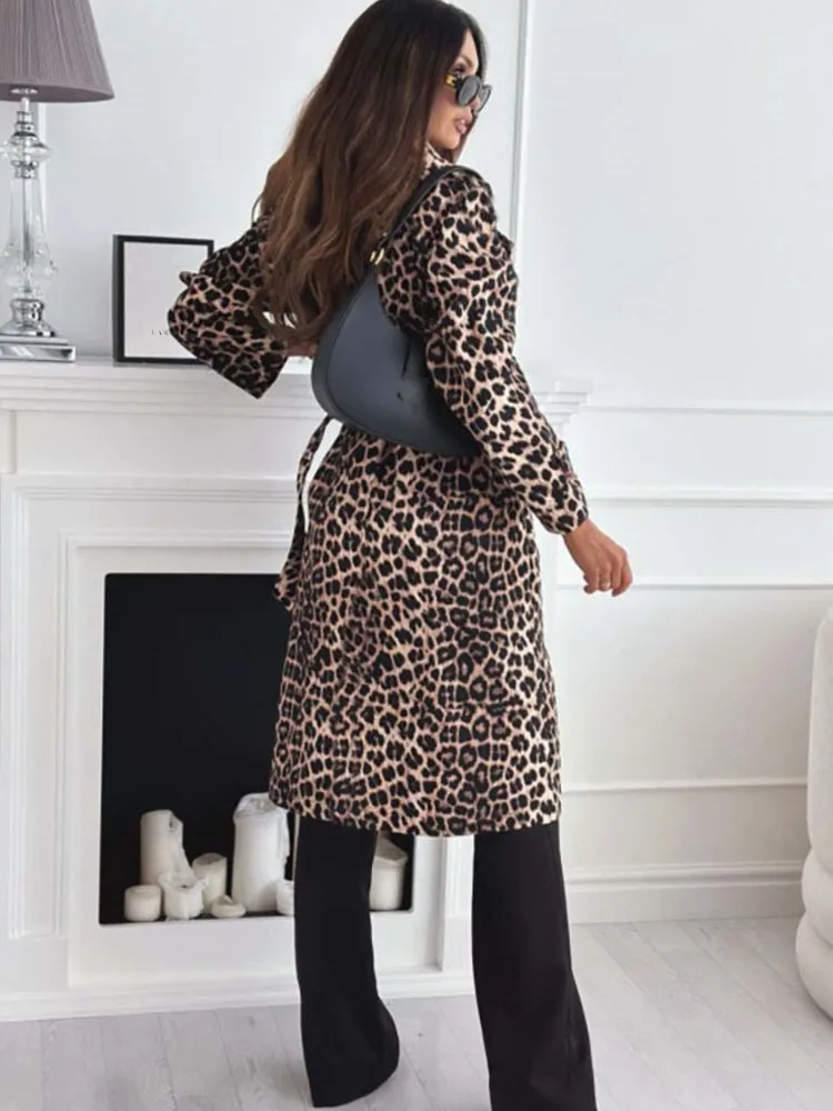 Модная ветровка с леопардовым принтом для женщин осень-зима двубортный пояс