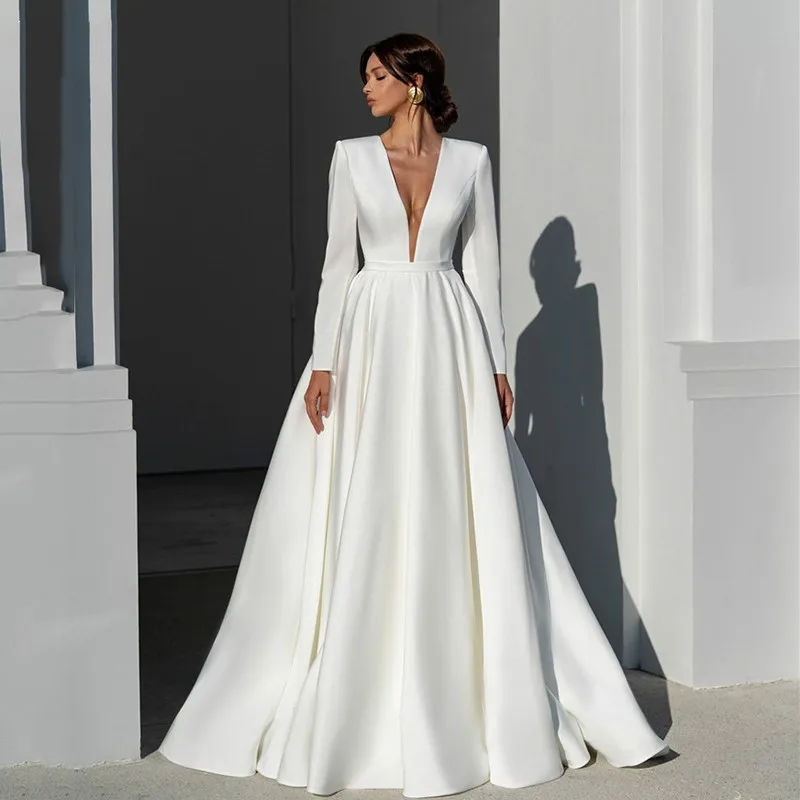 

Sexy Deep V Neck Wedding Dresses Long Sleeves Satin A Line Bridal Gowns Illusion Buttons Back Sweep Train Vestidos De Novia 2023