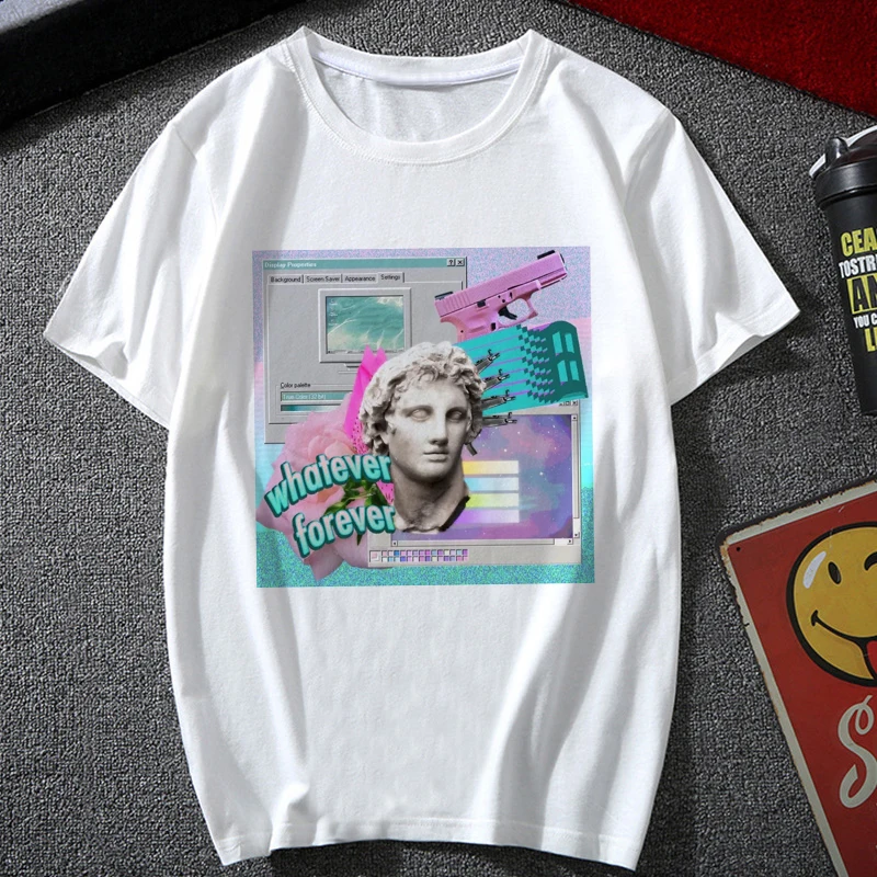 

Vaporwave Aesthetic Art Harajuku Retro Short-sleeved Top Statue Print Street Style Sportswear Personality Loose Women T-shirt