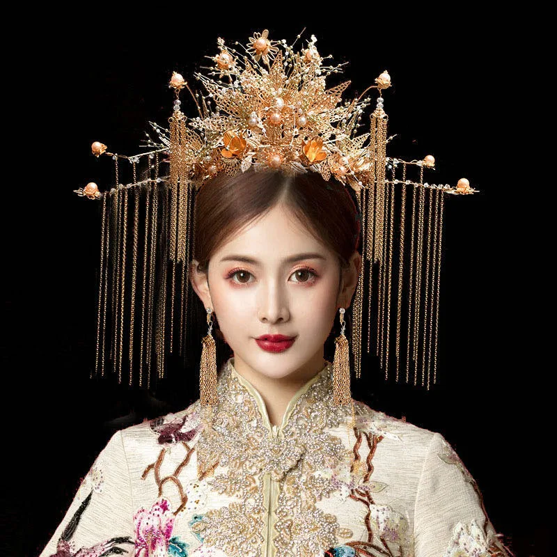 

Chinese Wedding Hair Accessories For Women Traditional Classic Bridal Headwear Tiara Golden Tassel Hair Crown Earrings Jewlery