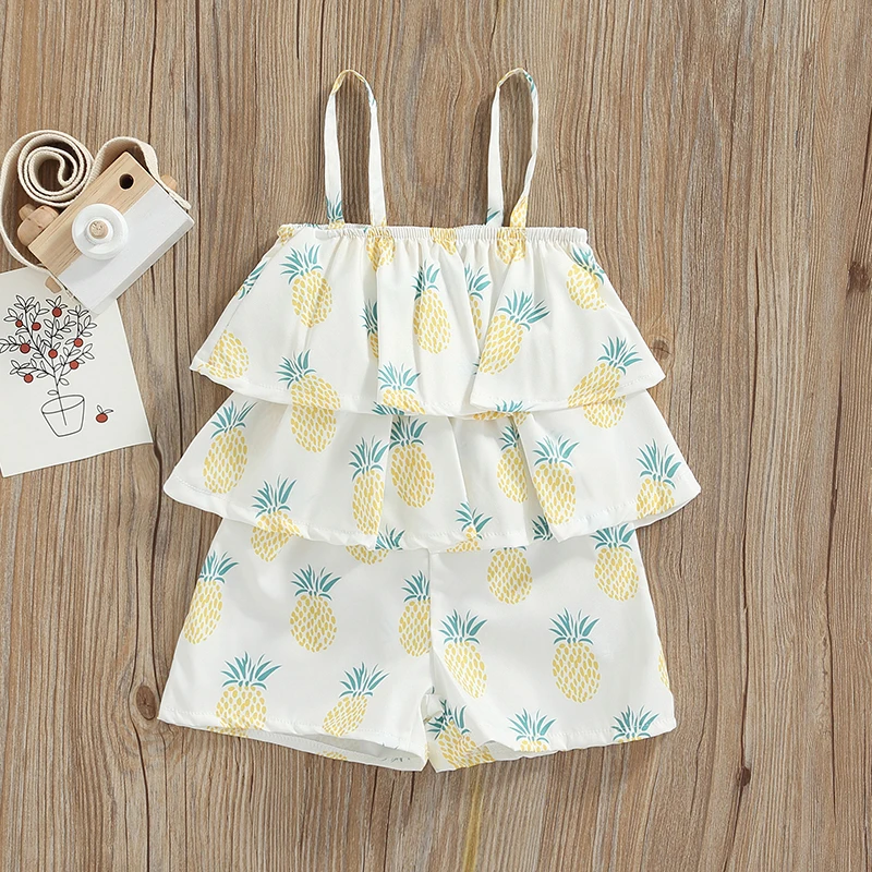 

Little Girls Suspender Jumpsuit, Summer Toddlers Pineapple Printing Flouncing Splicing Sleeveless Romper Siamese Trousers