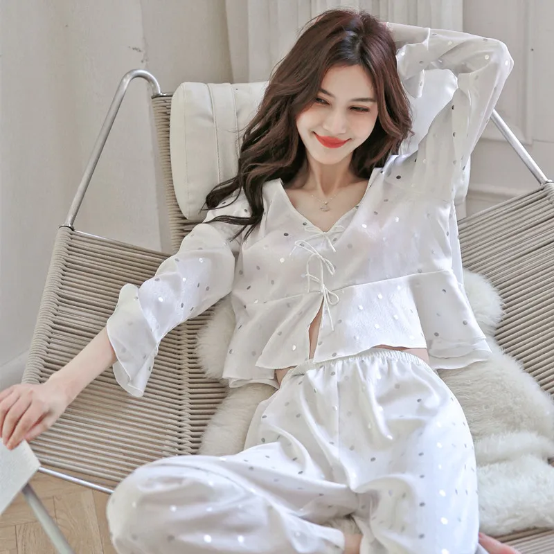 

Pajamas Set Long Sleeve Homewear Printed Polka Dots V Neck Sleep Suit Nightwear Shirt Pant Home Clothes 2Pcs White Loose Outside