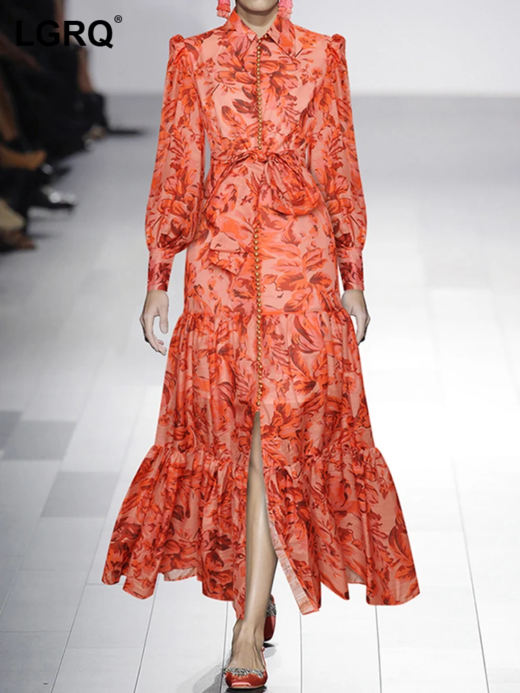 

Женское облегающее платье с принтом LGRQ, длинные платья с отложным воротником, рукавами-фонариками, высокой талией и сращенным бантом на подоле, женское стильное платье 19J4160