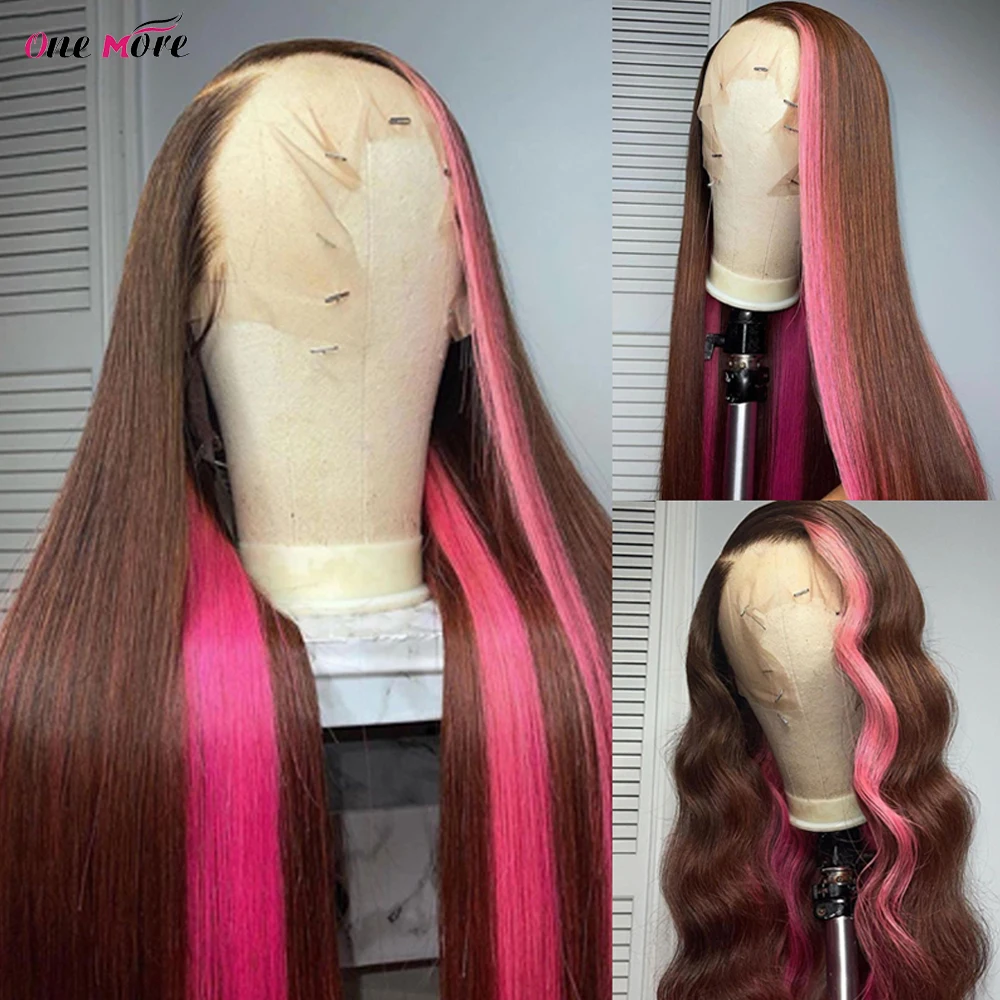Brown Pink Lace Front Wig Bone Straight Human Hair Wig 13x4 Highlight Lace Front Human Hair Wigs For Women HD Lace Frontal Wig