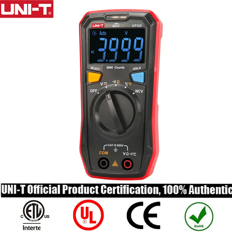 

UNI-T Mini Digital Multimeter UT123 Auto Range Resistance(Ohm) Temperatue tester AC DC Voltage meter，NCV/EBTN Color Screen
