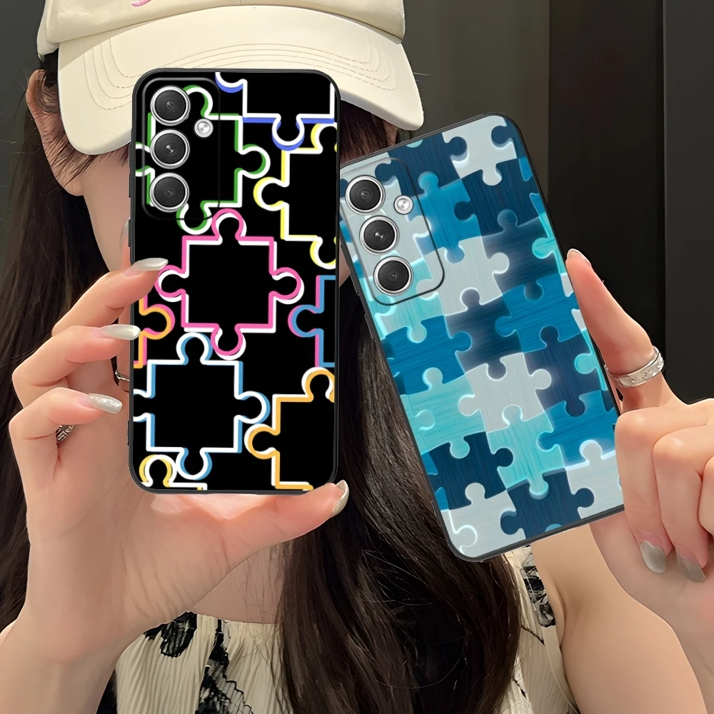 Puzzle Pretty Fashion Mobile Cell Phone Case for Samsung Galaxy S24 S23 S22 S21 S20 S10 S9 Plus FE Ultra Lite Black Cover Shell