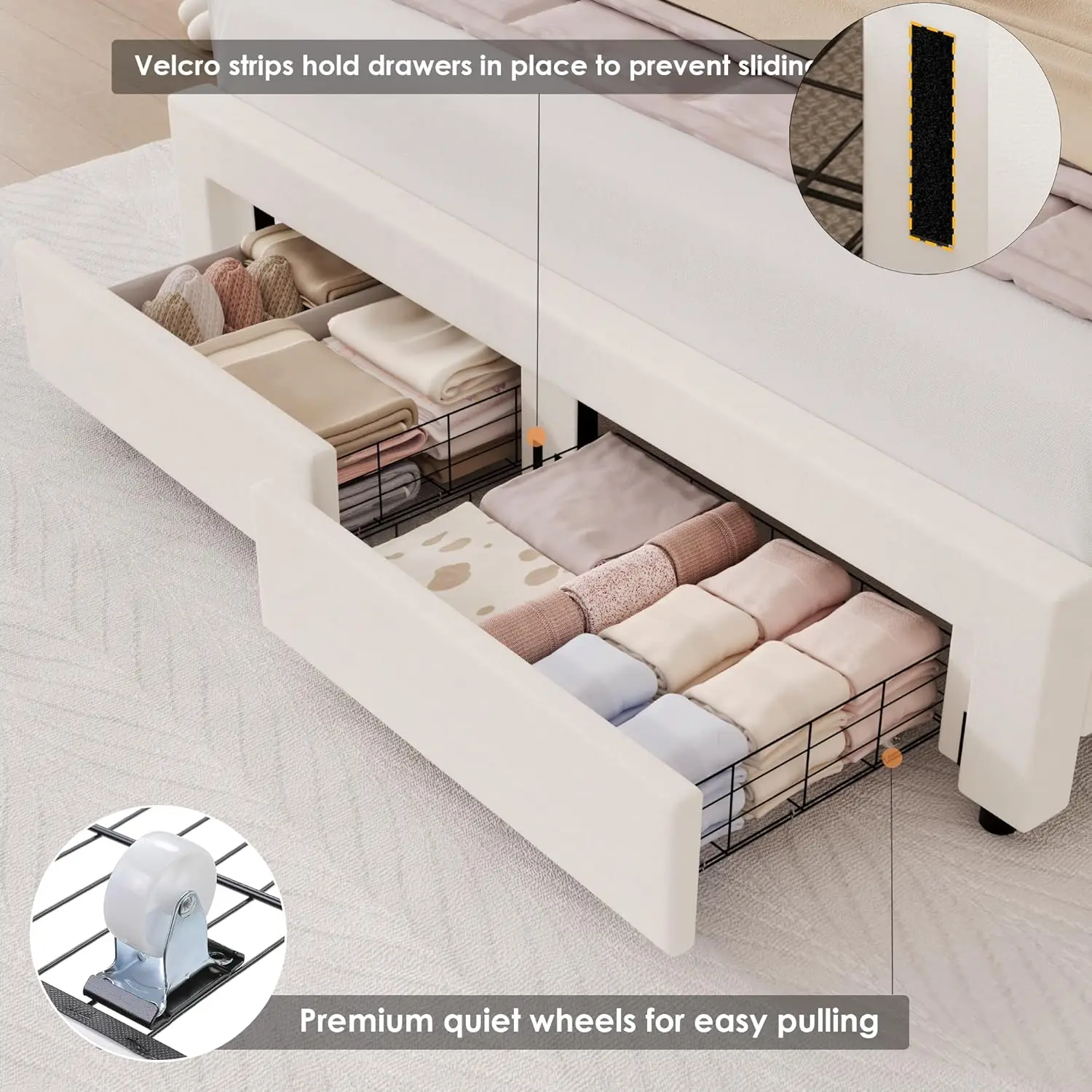 Полноразмерный мягкий каркас кровати Smart LED с двумя ящиками для хранения вещей и