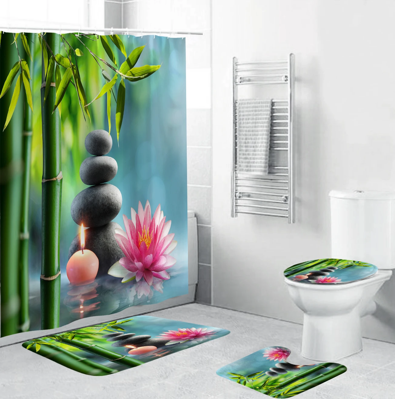 

Bamboo Lotus Zen Stone Bathroom Curtain Polyester Fabric Shower Curtains Pedestal Rug Lid Toilet Cover Bath Mat Set Home Decor