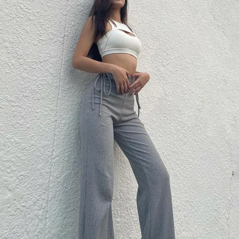 

Женские облегающие трикотажные брюки в рубчик с поясом, повседневные длинные брюки с завязками, весна 2021, женская уличная одежда с высокой т...