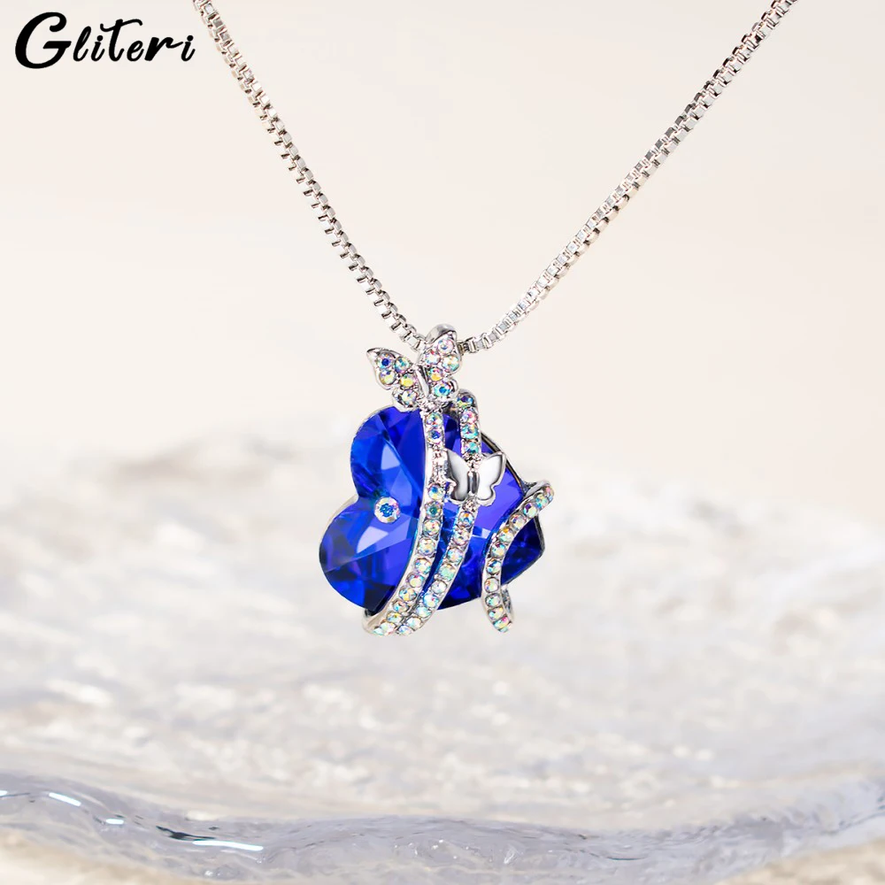 

GEITERI Fashion Heart Butterfly Pendant Necklaces For Women Girls Silver Color Zircon Crystal Box Chain Choker Jewelry Gifts New