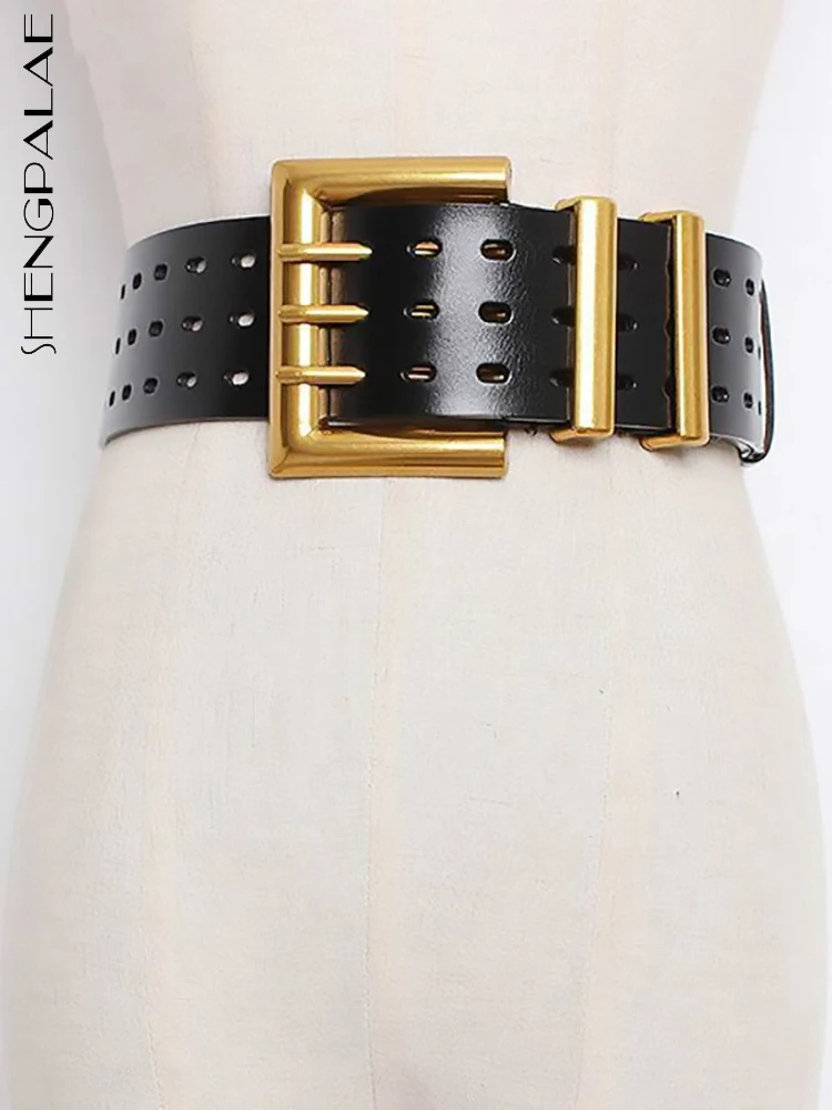 SHENGPALAE 2023 New Metal Three Pin Buckle PU Leather Belt For Women Hollow Out Wide Genuine Leather Waistband Lady Tide PE329