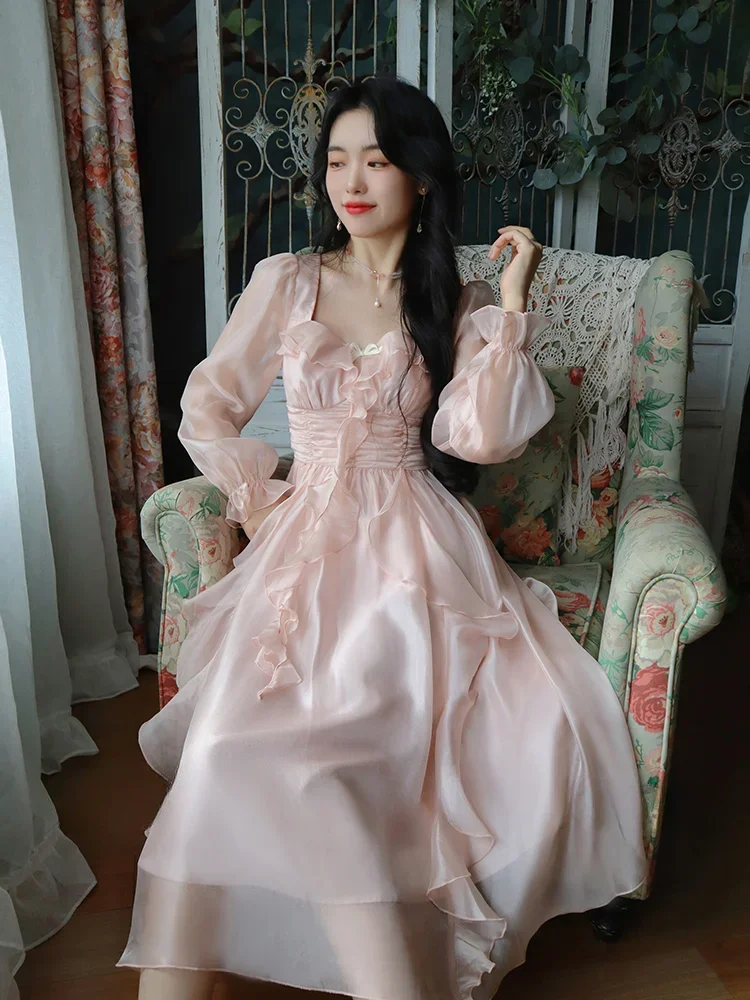 Платья с длинным рукавом женские розовые милые элегантные вечерние ретро миди