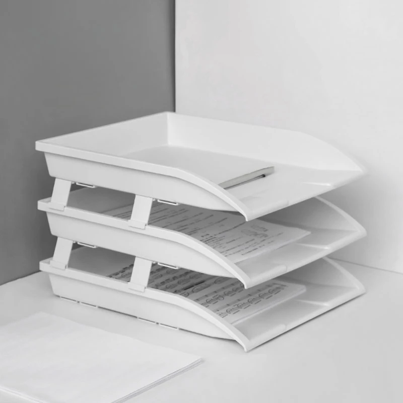 

INS Japanese Style White File Holder, Three-layer Plastic Frame, Student Desktop Data Storage Basket, Multi-layer Shelf Box
