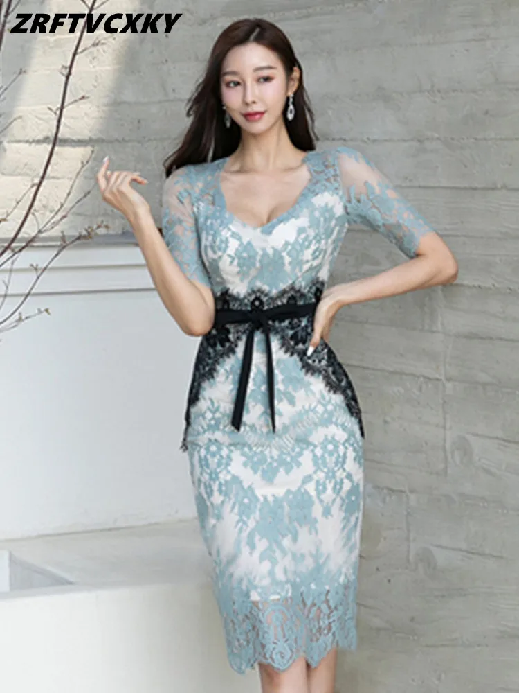 

Summer New Korean Patchwork Chic Lace Dresses Women Elegant Fashion Slim Simple Sheath Evening Party Pencil Dress Vestidos