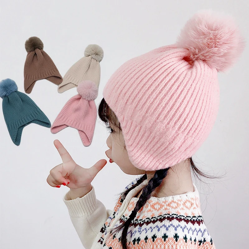 

Зимняя детская Шапка-бини с помпоном, шапка для защиты ушей карамельного цвета, вязаная шапка для маленьких мальчиков и девочек, мягкие теплые детские вязаные шапки-ушанки