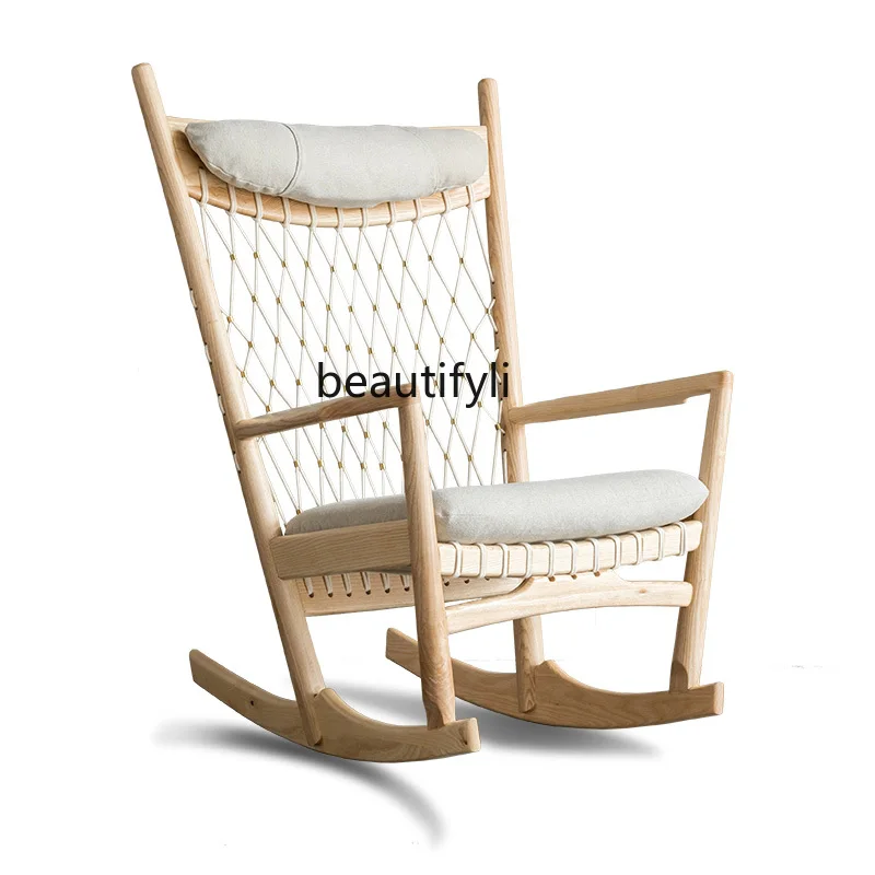

yj Nordic Solid Wood Rocking Chair Home Living Room Nap Lying Chair Single-Seat Sofa Chair Fabric Lazy Bone Chair