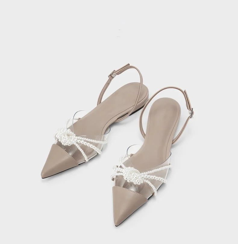 

2022 New Spring And Summer Women's Sandals Pointed Toe Buckle Artificial Pearl with Low Heel Back Tripping Belt Single Shoes