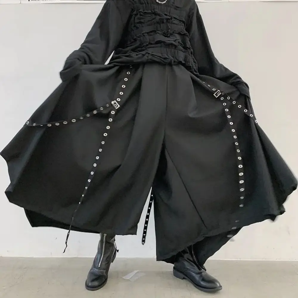 

Men Ribbon Wide Leg Pants Male Japan Punk Gothic Harem Trousers Kimono Skirt Pants Culottes Rivet Studded Trim Stage Costume