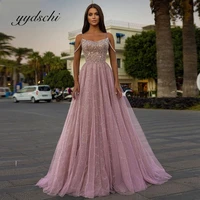 2022 pink glitter prom dress sparkly tulle evening dress spaghetti straps a line formal prom gown for women party robes de bal