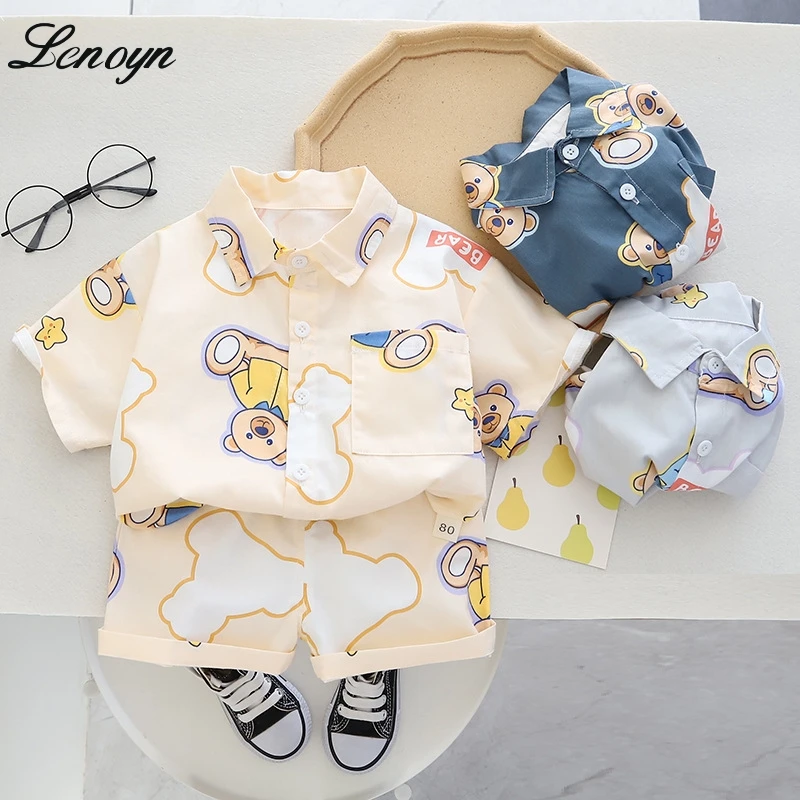

Lenoyn Boys' New Summer Set Handsome Home Casual Short Sleeve Cartoon Full Print Little Bear Pattern Polo Collar Shirt Set