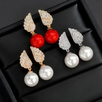 s925 sterling silver needle pearl earrings aaa zircon korean version fresh fashion feather wedding bridal jewelry