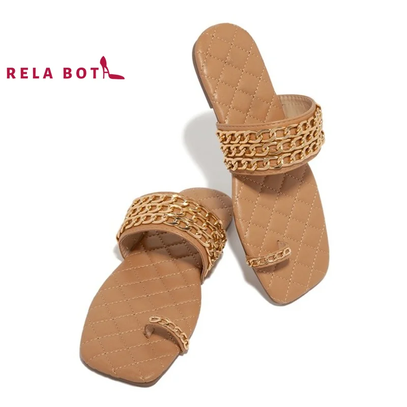 

Metal Chain Sewing Slippers for Women Summer 2022 Casual Clip-toe Flats Oversized Sandals for Women Rubber Modern Slippers Outer