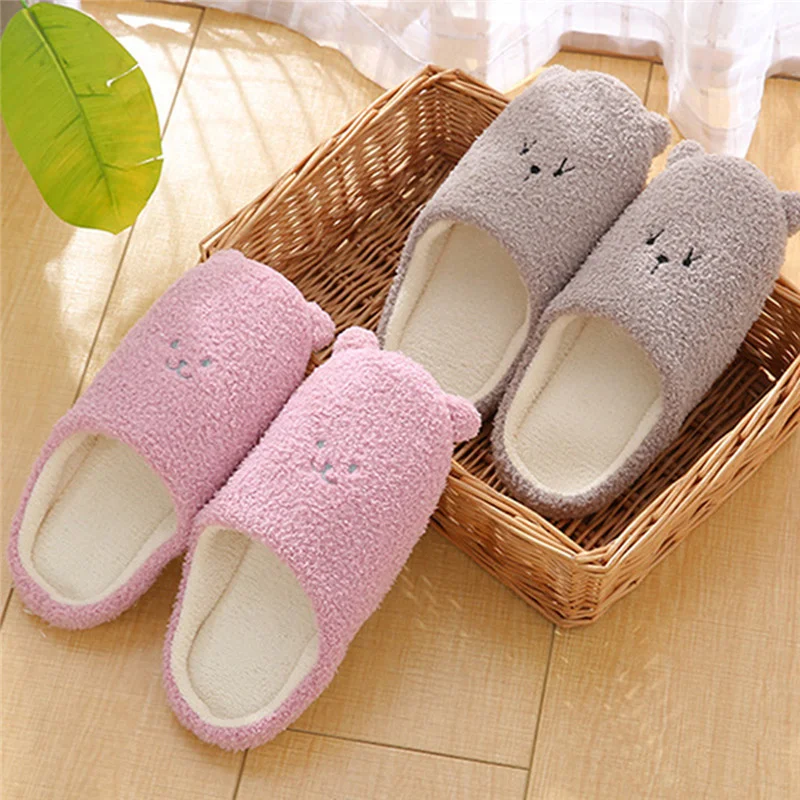 

New Women Home Soft Slippers Faux Fur Flat Shoes Winter Warm Plush Slipper Couple Fashion Cute Bear Indoor Bedroom House Slides