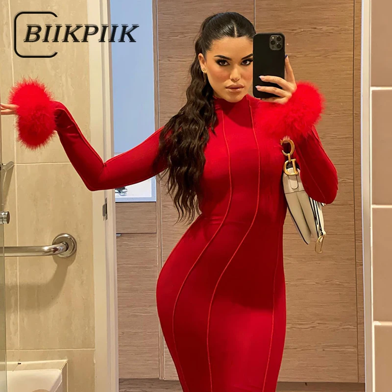 

BIIKPIIK Midnight Style Party Dresses For Women Elegant Sexy Furry Stitching Body-shaping Slim Clubwear Robe Sexy Maxi Red Dress