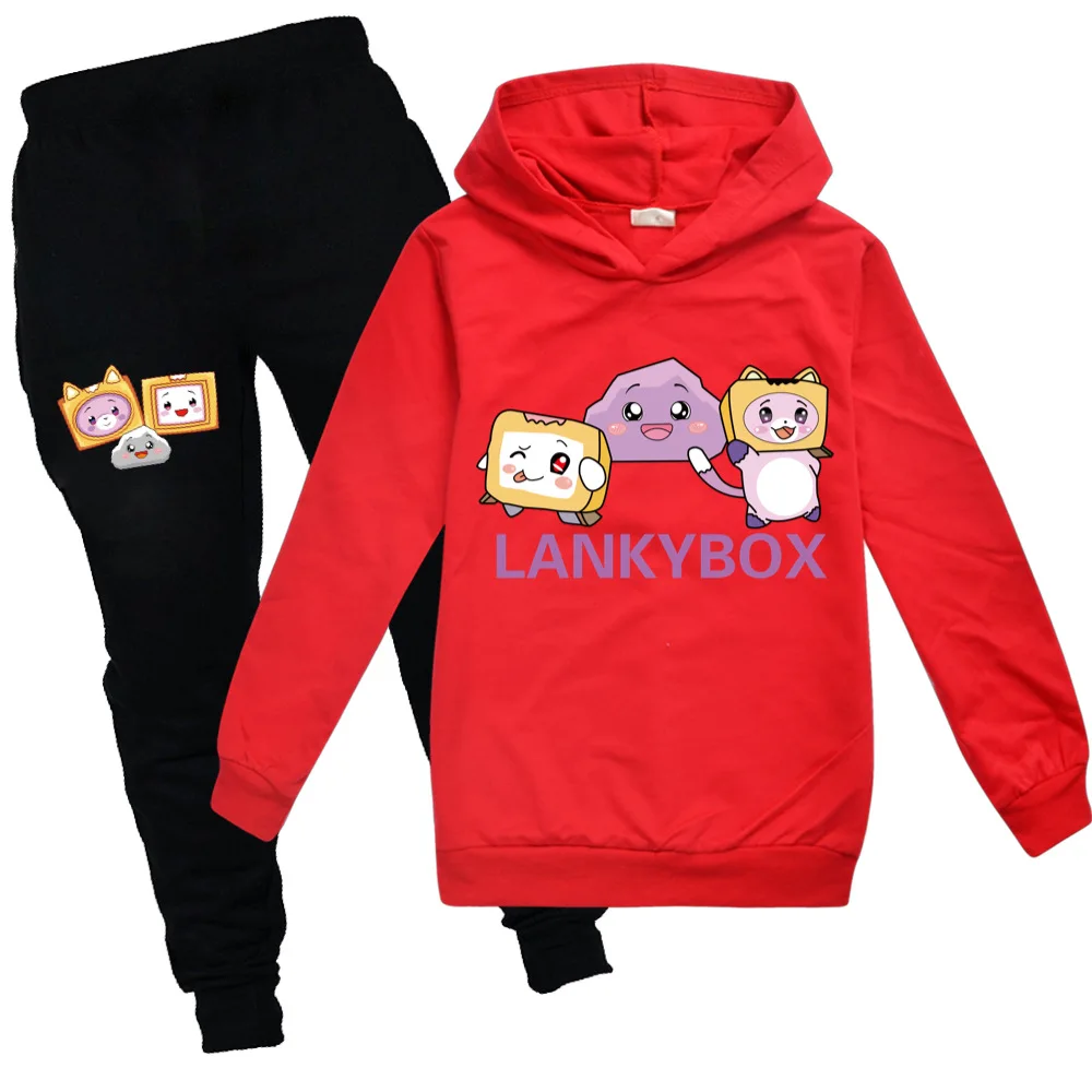 Children's Lankybox Spring and Autumn Style Hoodie Cartoon Pattern Sweatshirt + Trousers Boys and Girls Favorite Funny Clothes