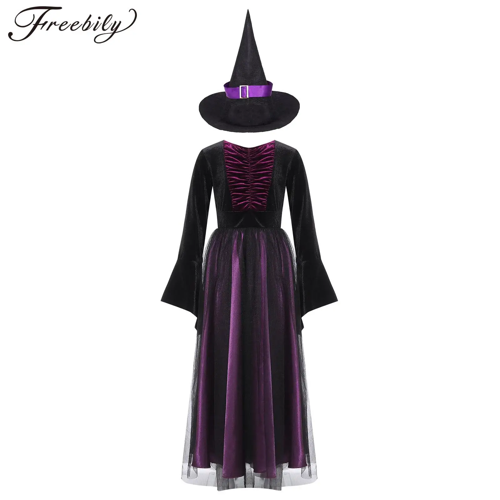 

Kids Girls Witch Costume Velvet Long Sleeve Halloween Carnival Cosplay Roleplay Dress with Pointed Hat Prom Dress Up Clothes