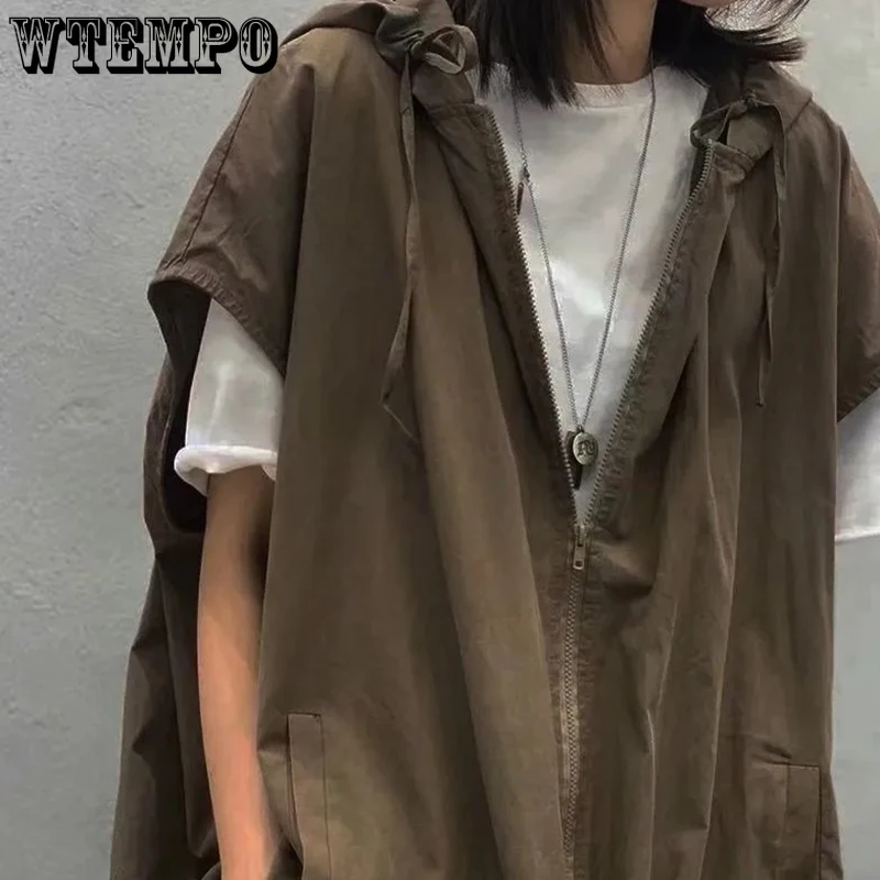 

WTEMPO Hooded Vests Women Solid Causal Sporty Cool Spring Daily Japanese Style Breathable All-match Trendy Vests Streetwear