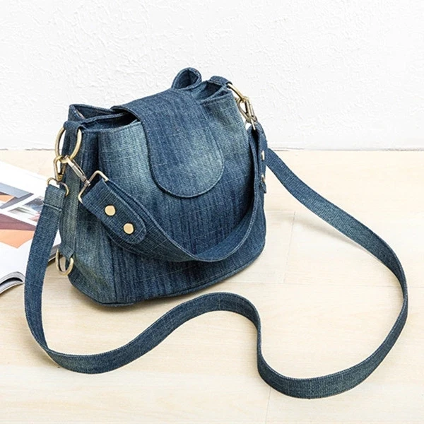 

Casual Denim Bucket bag for women Shoulder Crossbody Bag Multiple pockets ladies handbag Luxury design Female big Totes blue