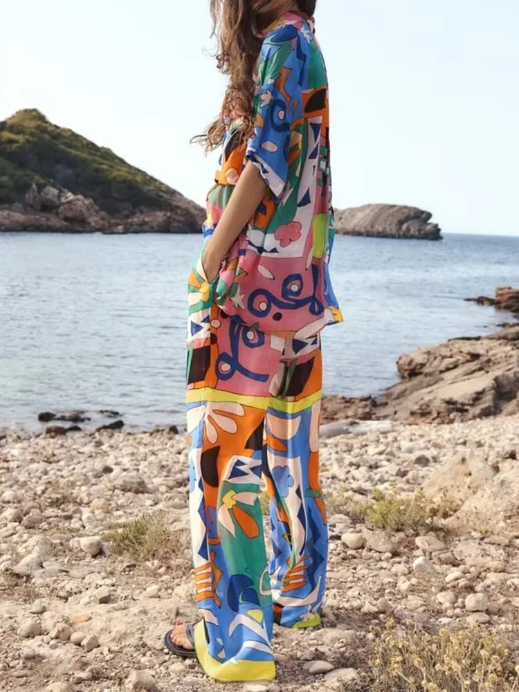 

2023 Women Summer Loose 2-Pieces Sets Fashion Print Satin Shirts Tops and Trousers Female Street Two Suits Clothing
